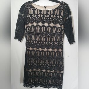 Eliza J Black Lace With Tan Lining Formal Short Sleeve Dress Sz 6